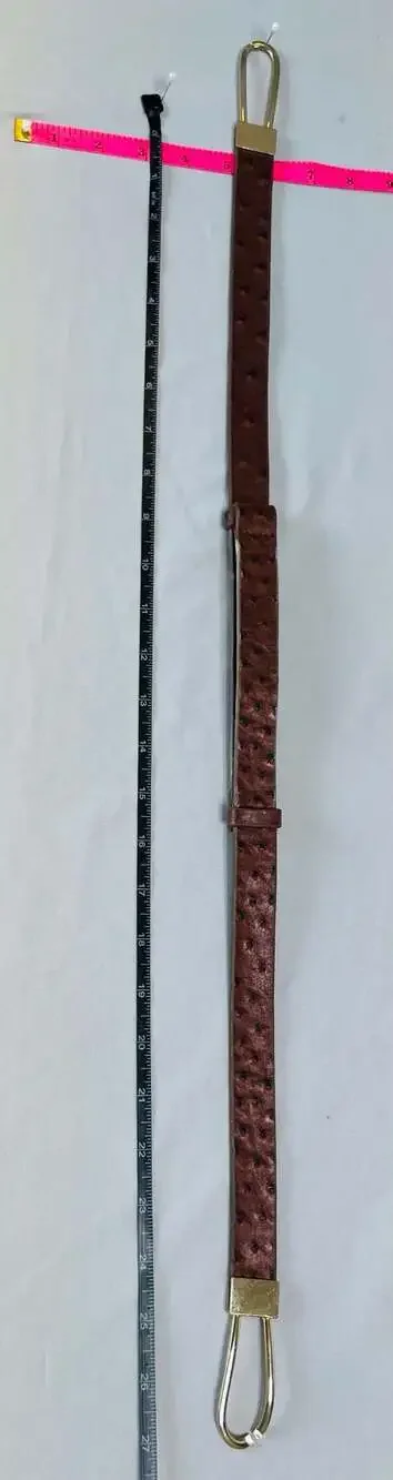 Vintage Brown Ostrich Embossed Leather Belt Gold Statement Buckle Western Boho